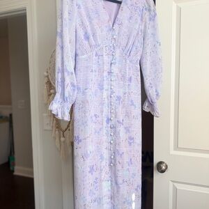 Simple Retro Lavender Floral Midi Dress Romantic Puff Sleeve Tie Waist Size S